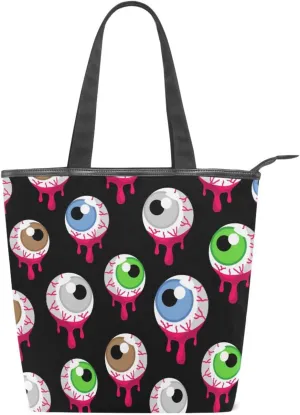 Tote Bag Colorful Christmas Peach Love Halloween Bloody Alien Eyeballs Canvas Zippered Tote Handbag for Women with 2 Interior Pockets
