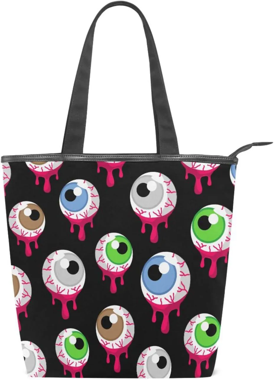 Tote Bag Colorful Christmas Peach Love Halloween Bloody Alien Eyeballs Canvas Zippered Tote Handbag for Women with 2 Interior Pockets