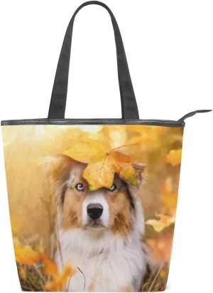 Tote Bag Dog Australian Shepherd Autumn Foliage Canvas Zippered Tote Handbag for Women with 2 Interior Pockets