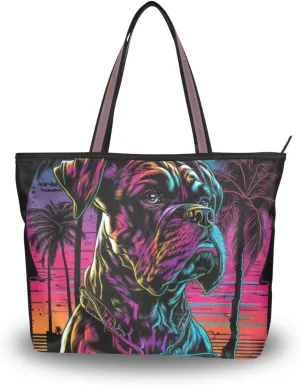 Tote Bag for Women (80s Style Boxer Dog), Zipper Purse Shoulder Bag Handbag Reusable Grocery Bag