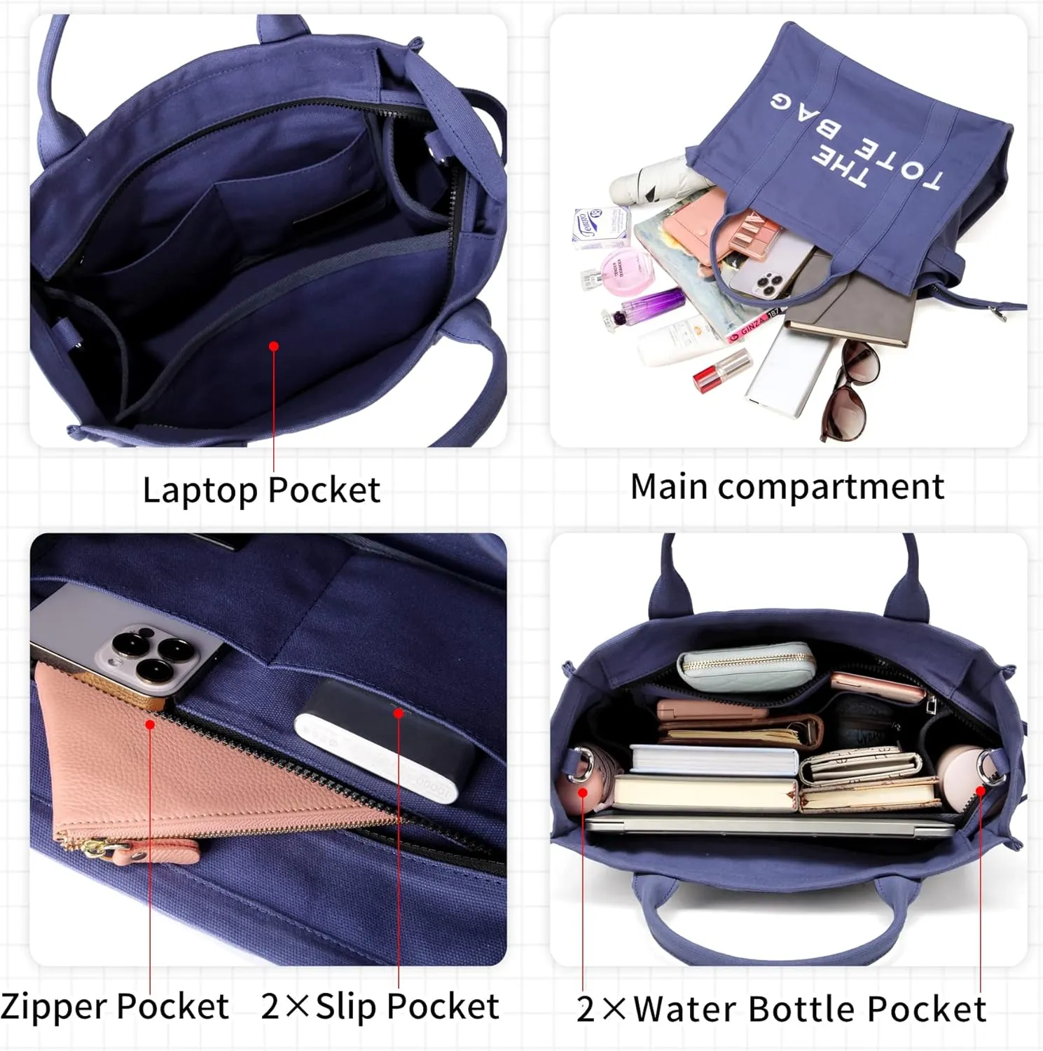 Tote Bag for Women Canvas Zip Top Handle Women's Handbag Multi Pockets Travel Crossbody Shoulder Bag