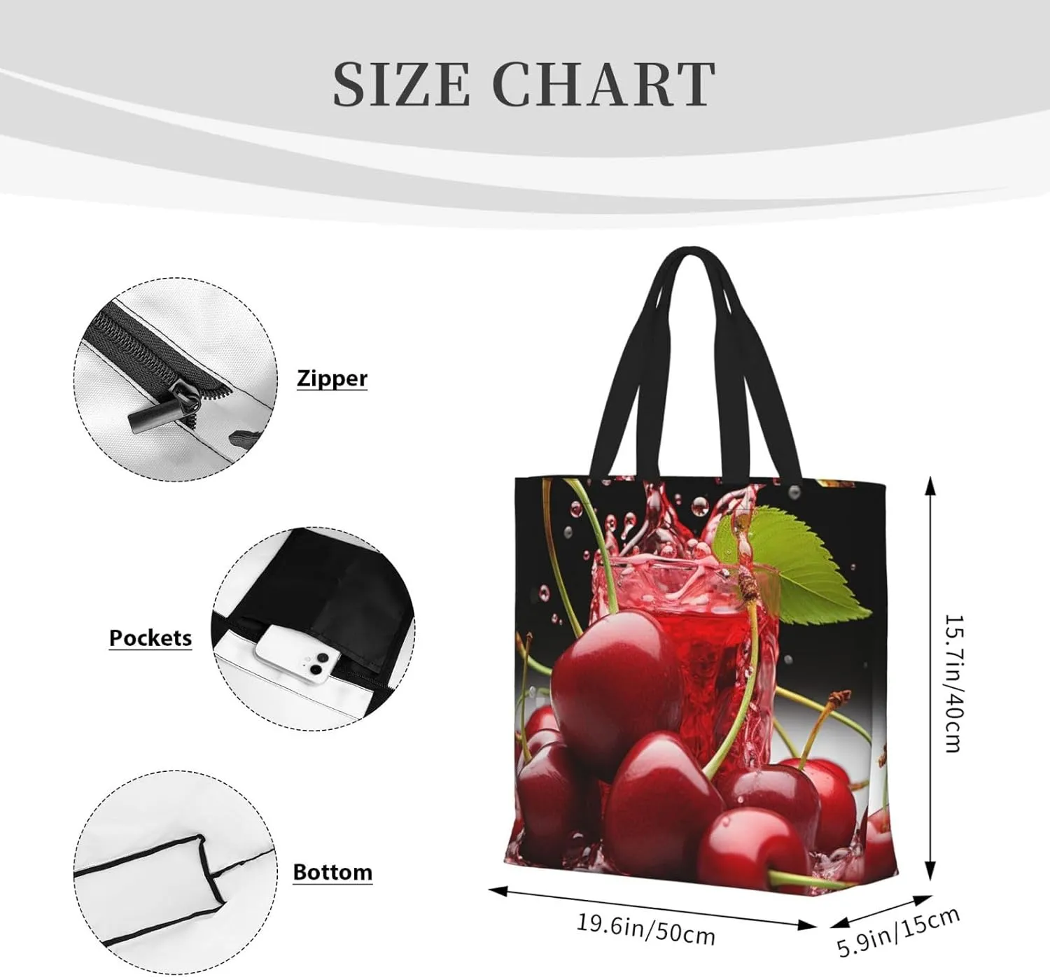 Tote Bag for Women Cherry juice Shoulder Bag with Zipper Handbag Large Capacity Reusable Grocery Bag