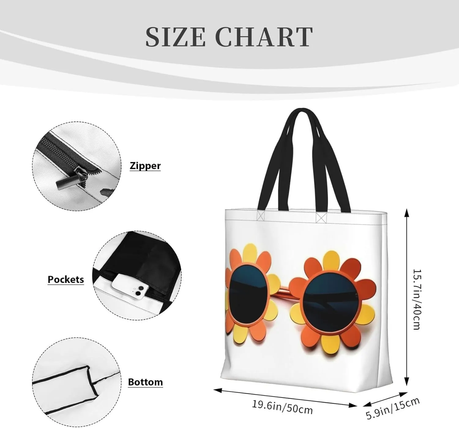 Tote Bag for Women Flower sunglasses Shoulder Bag with Zipper Handbag Large Capacity Reusable Grocery Bag