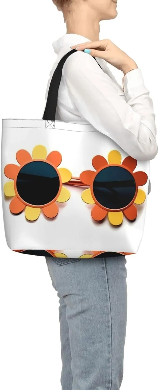 Tote Bag for Women Flower sunglasses Shoulder Bag with Zipper Handbag Large Capacity Reusable Grocery Bag
