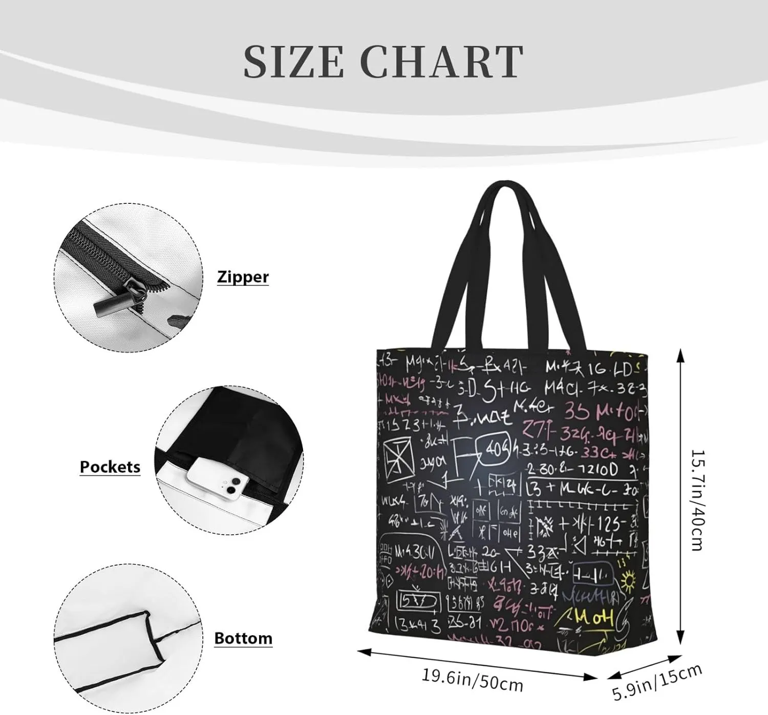 Tote Bag for Women Math Formula Shoulder Bag with Zipper Handbag Large Capacity Reusable Grocery Bag