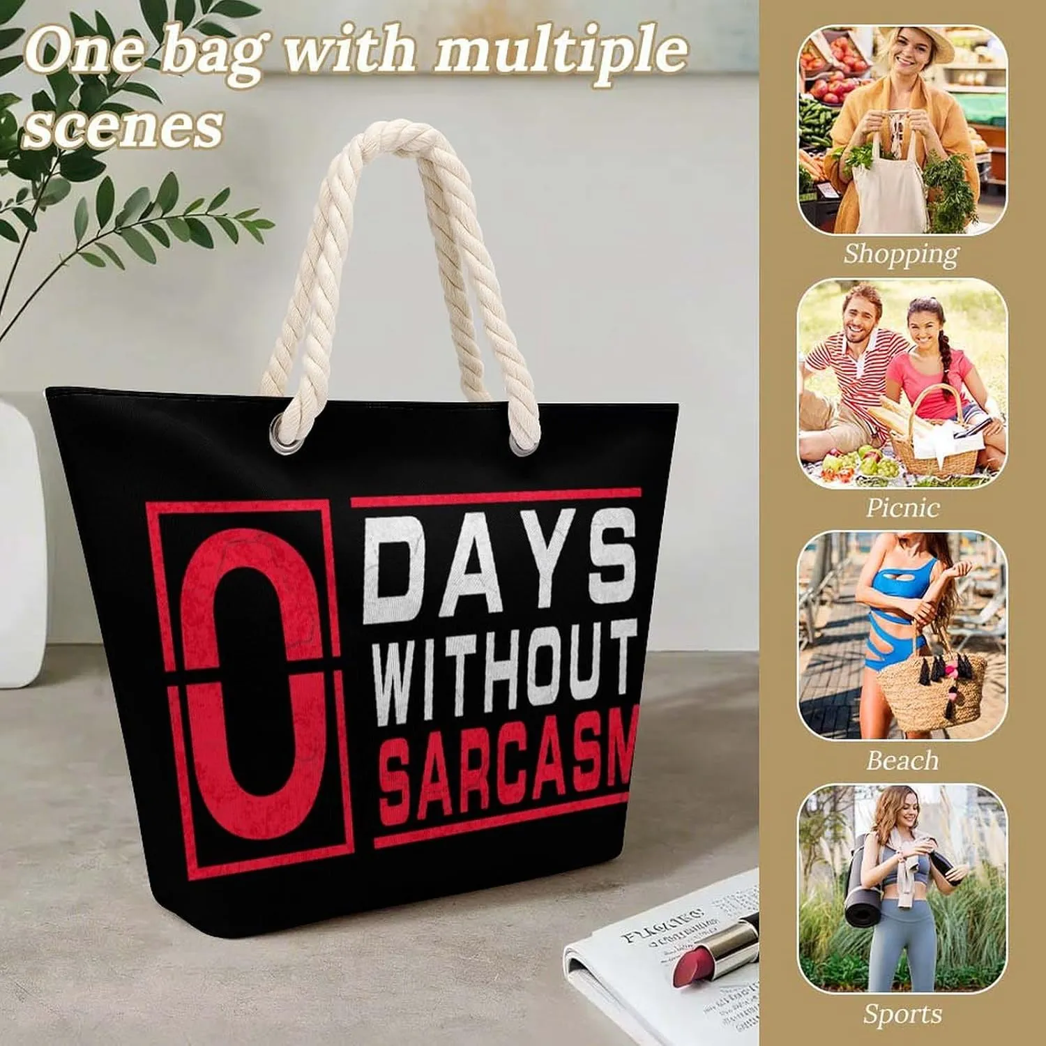 Tote Bag Large Handles Beach Bag with Zipper for Shopping Groceries Travel Outdoors Swim Pool Bag