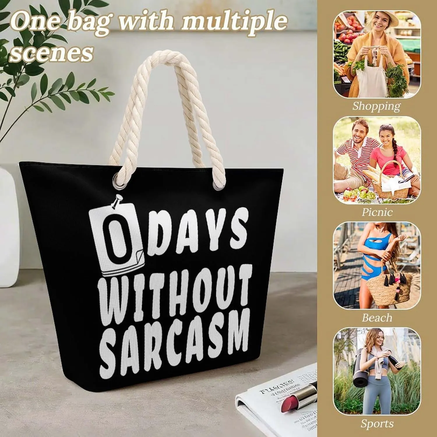 Tote Bag Large Handles Beach Bag with Zipper for Shopping Groceries Travel Outdoors Swim Pool Bag