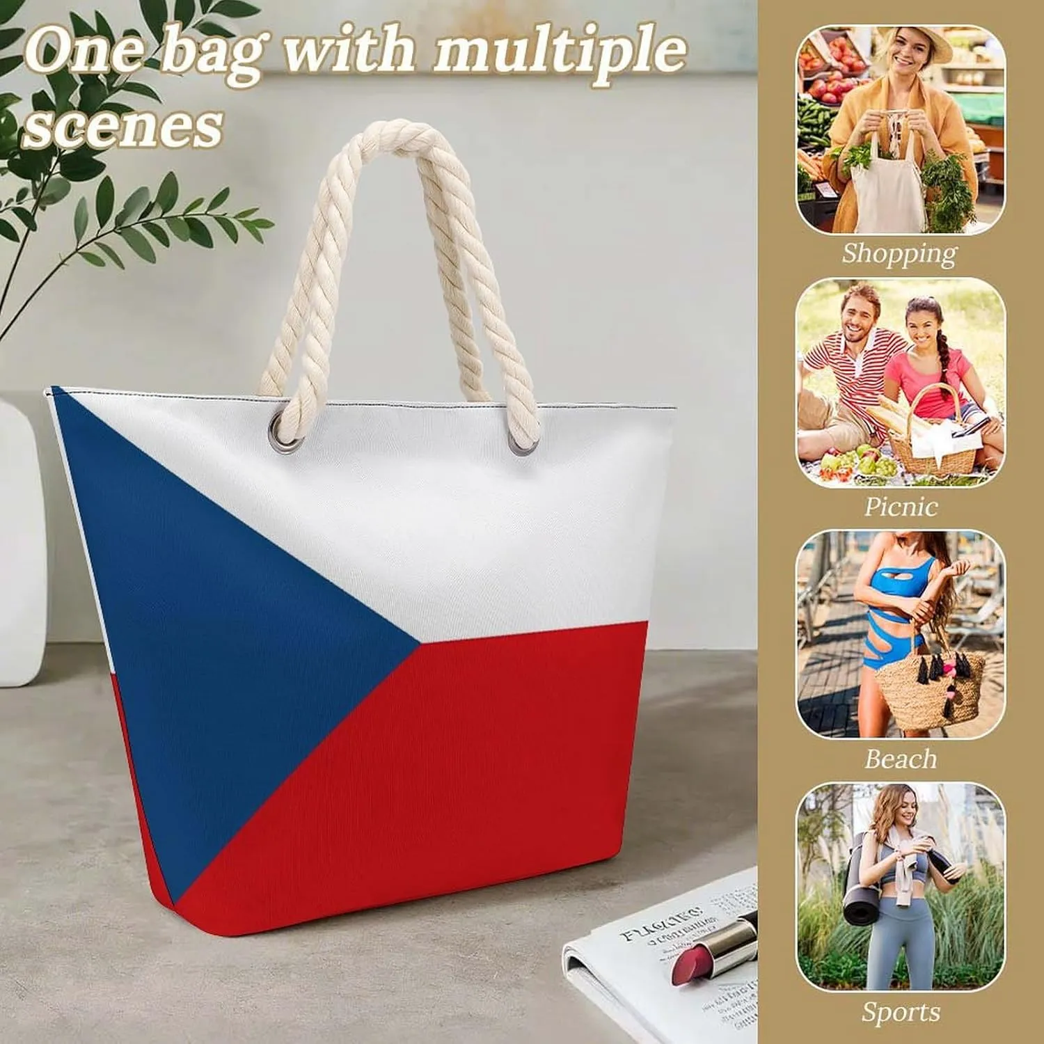 Tote Bag Large Handles Beach Bag with Zipper for Shopping Groceries Travel Outdoors Swim Pool Bag