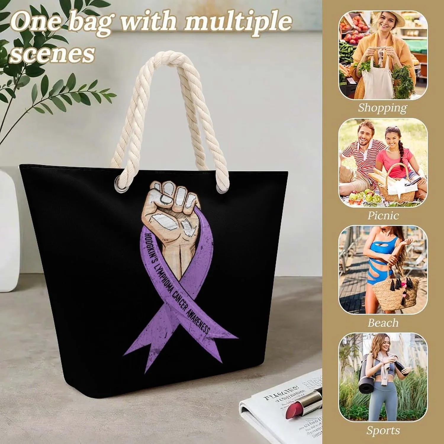 Tote Bag Large Handles Beach Bag with Zipper for Shopping Groceries Travel Outdoors Swim Pool Bag