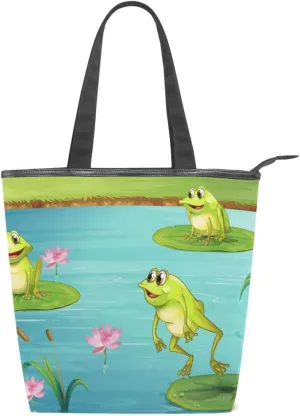 Tote Bag Three Frogs in Pond Canvas Zippered Tote Handbag for Women with 2 Interior Pockets