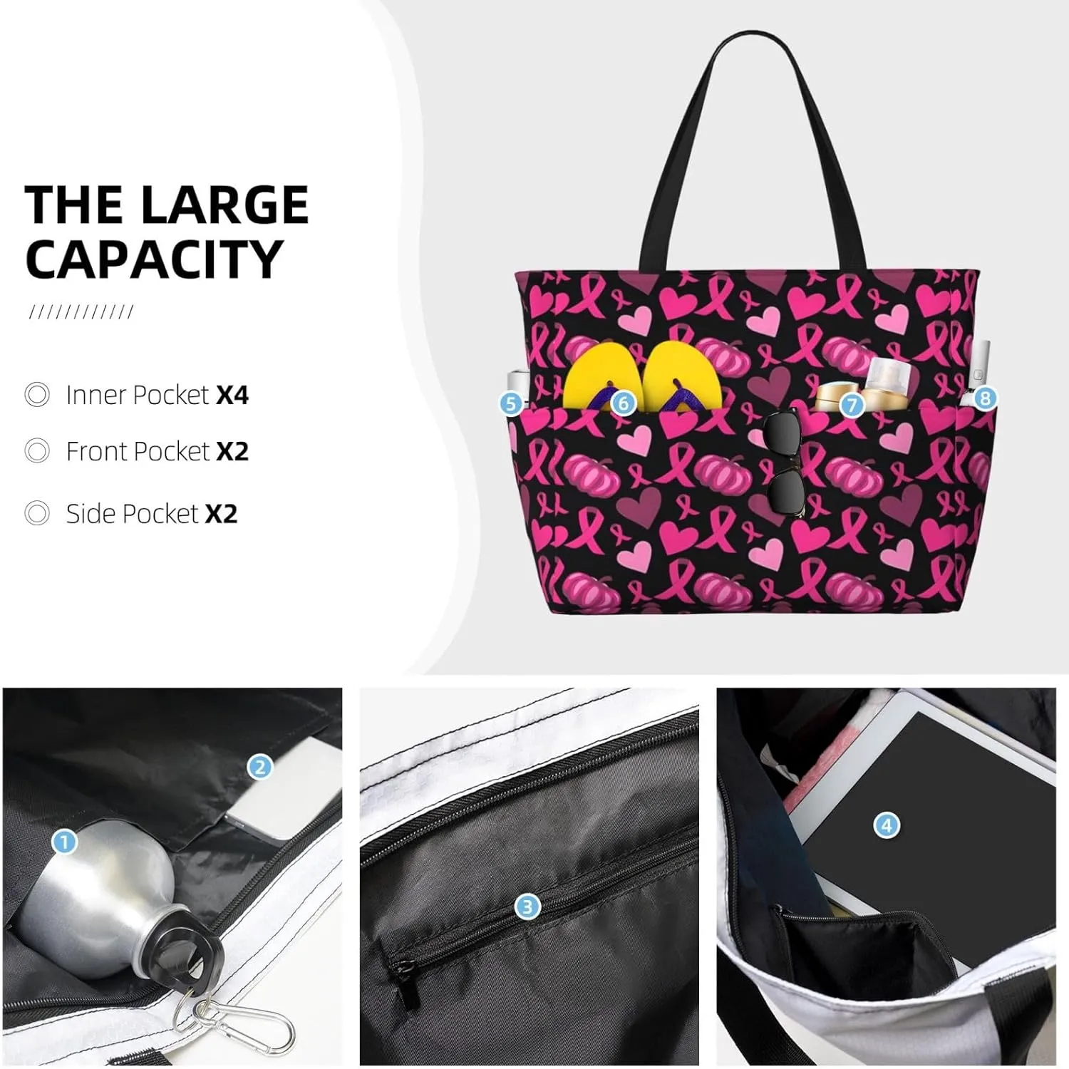 Tote Bag With 8 Storage Pockets Top Zip Shoulder Bag Handbag For Travel Work Women