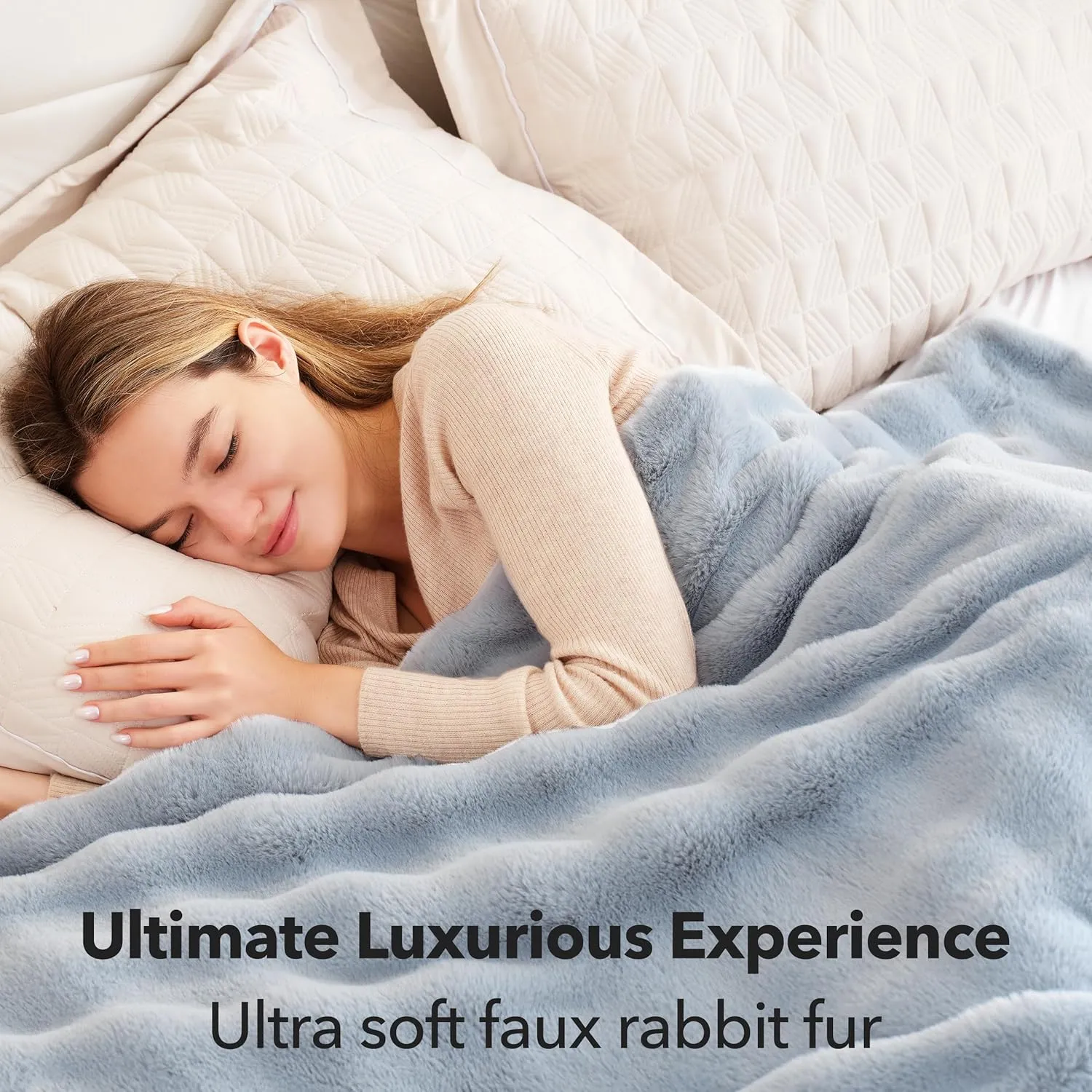 Touchat Luxury Faux Rabbit Fur Throw Blanket for Couch,Super Heavy Warm Cozy Blanket for Sofa Bedroom Living Room,Ultra Soft Fluffy Reversible Plush Blanket for Home Decor Gifts,Blue