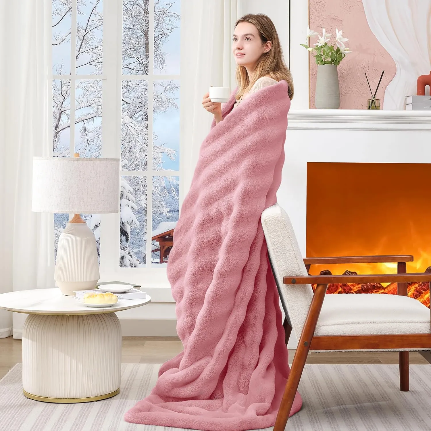 Touchat Luxury Faux Rabbit Fur Throw Blanket for Couch,Super Heavy Warm Cozy Blanket for Sofa Bedroom Living Room,Ultra Soft Fluffy Reversible Plush Blanket for Home Decor Gifts,Pink