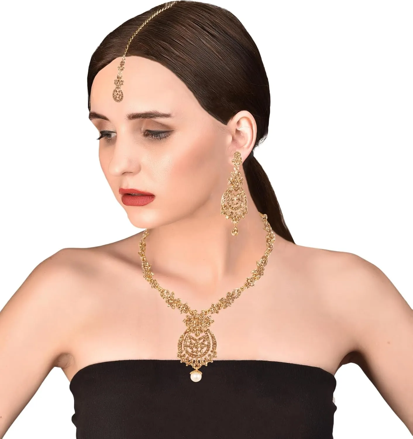 Touchstone Indian Bollywood Gorgeous intricate Workmanship Sparkling Rhinestone crystal wedding Designer Jewelry Necklace Set In Gold or Silver Tone For Women.