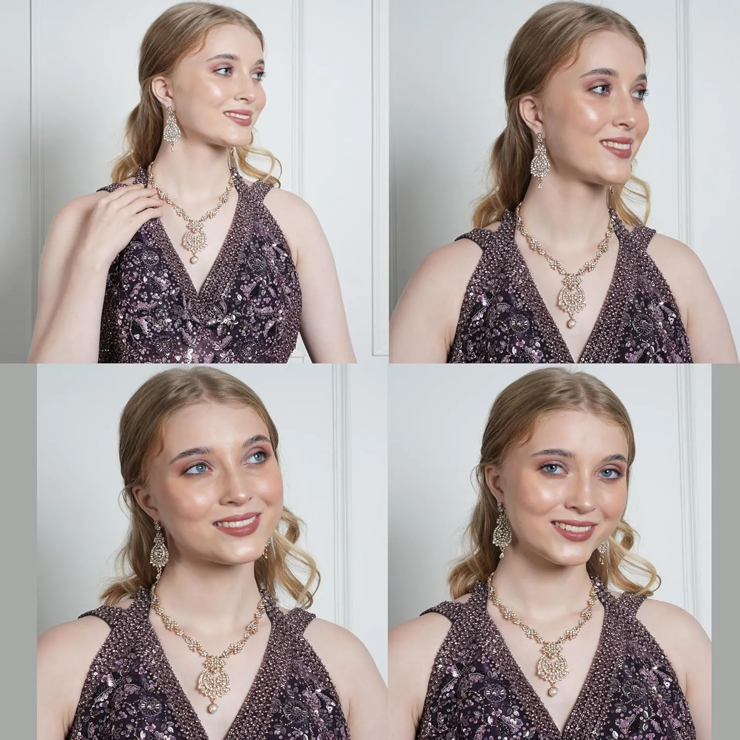 Touchstone Indian Bollywood Gorgeous intricate Workmanship Sparkling Rhinestone crystal wedding Designer Jewelry Necklace Set In Gold or Silver Tone For Women.