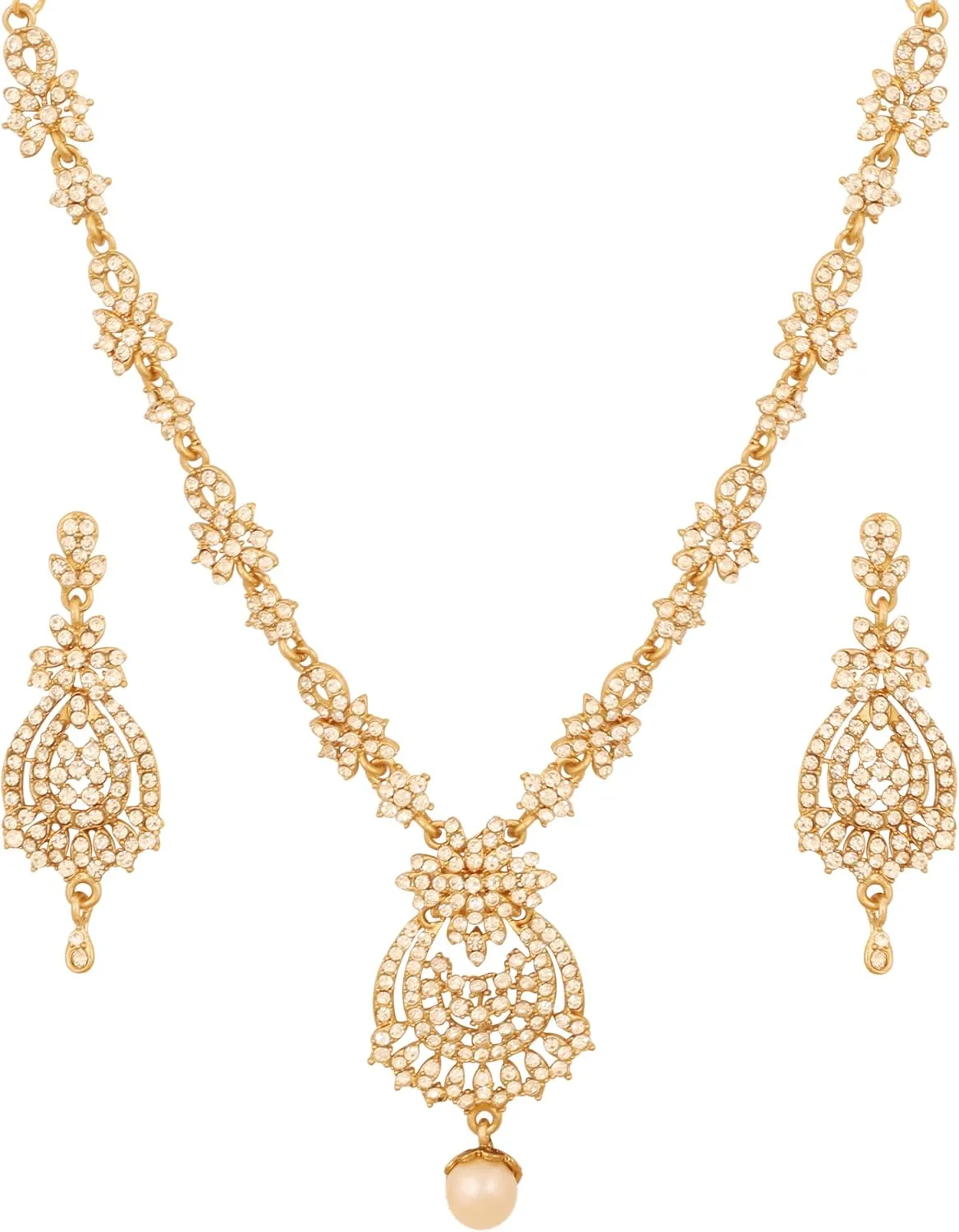 Touchstone Indian Bollywood Gorgeous intricate Workmanship Sparkling Rhinestone crystal wedding Designer Jewelry Necklace Set In Gold or Silver Tone For Women.