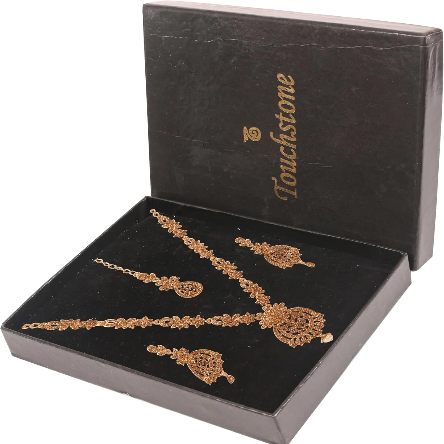 Touchstone Indian Bollywood Gorgeous intricate Workmanship Sparkling Rhinestone crystal wedding Designer Jewelry Necklace Set In Gold or Silver Tone For Women.