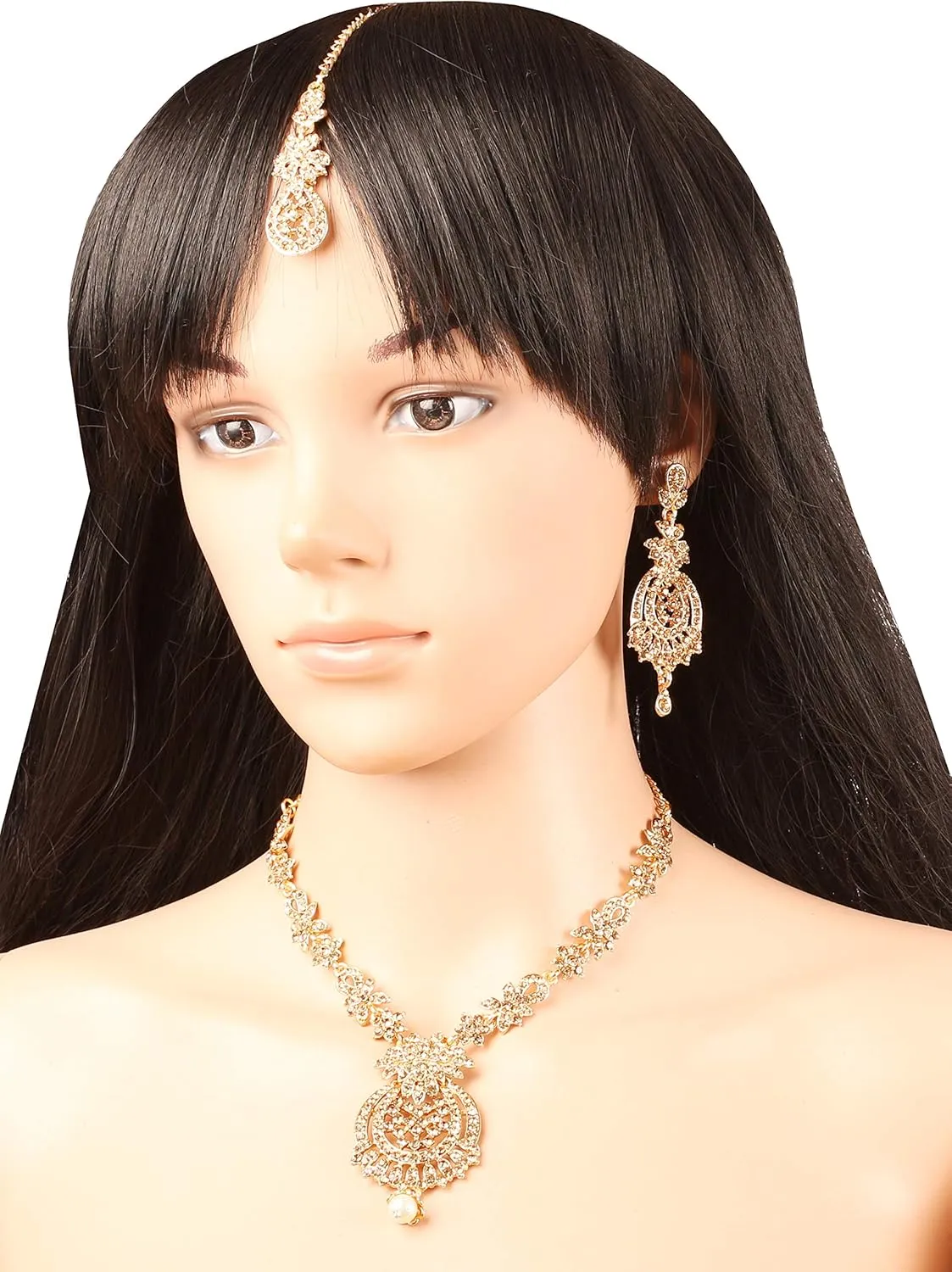 Touchstone Indian Bollywood Gorgeous intricate Workmanship Sparkling Rhinestone crystal wedding Designer Jewelry Necklace Set In Gold or Silver Tone For Women.