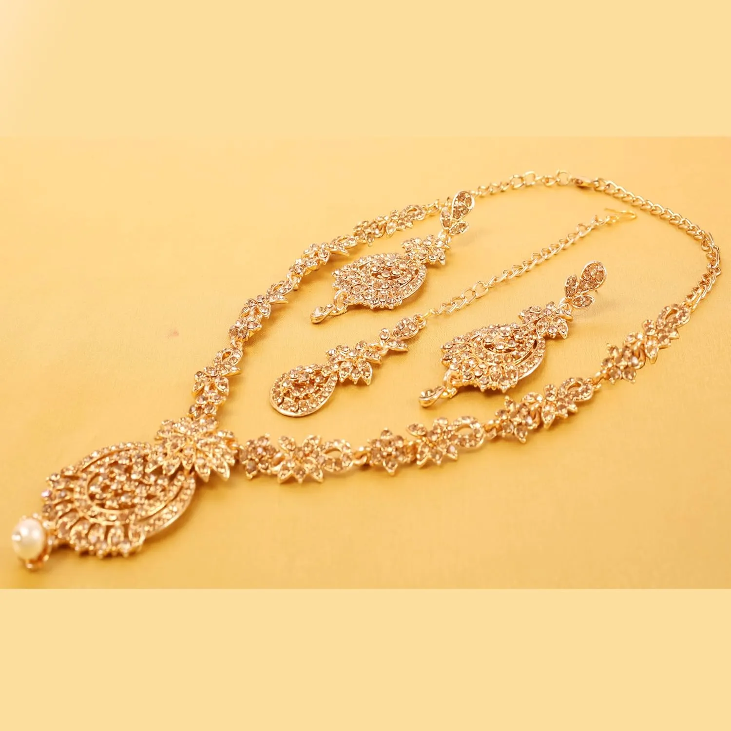 Touchstone Indian Bollywood Gorgeous intricate Workmanship Sparkling Rhinestone crystal wedding Designer Jewelry Necklace Set In Gold or Silver Tone For Women.