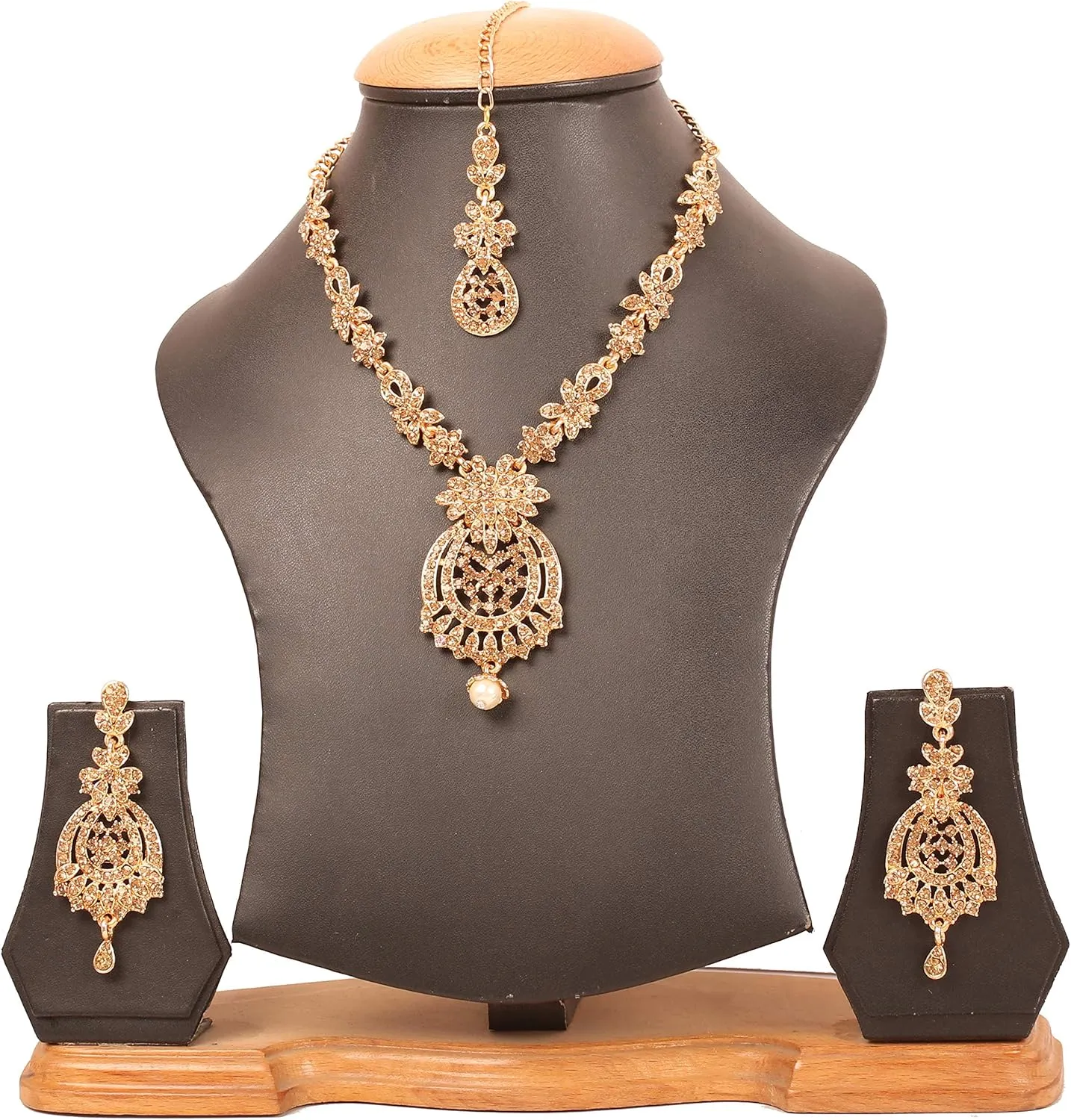 Touchstone Indian Bollywood Gorgeous intricate Workmanship Sparkling Rhinestone crystal wedding Designer Jewelry Necklace Set In Gold or Silver Tone For Women.