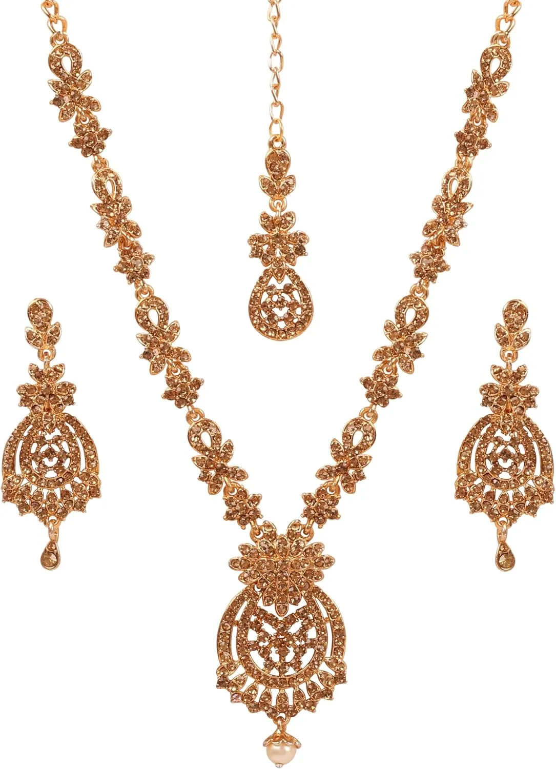 Touchstone Indian Bollywood Gorgeous intricate Workmanship Sparkling Rhinestone crystal wedding Designer Jewelry Necklace Set In Gold or Silver Tone For Women.
