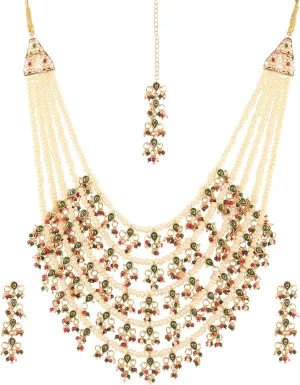 Touchstone "Mughal Jali collection Indian Bollywood Faux Pearls Ruby Emerald Meenakari Enamel Charming Five Lada Grand Bridal Designer Wedding Jewelry Necklace Set For Women In Antique Gold Tone