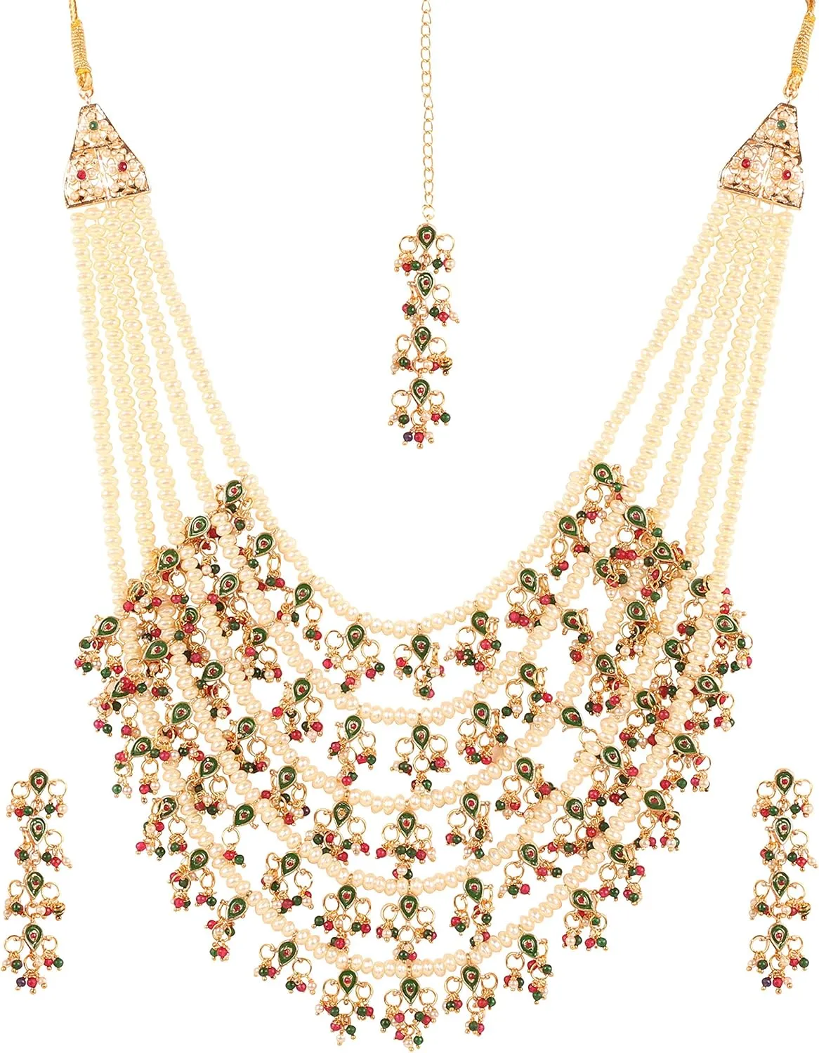 Touchstone "Mughal Jali collection Indian Bollywood Faux Pearls Ruby Emerald Meenakari Enamel Charming Five Lada Grand Bridal Designer Wedding Jewelry Necklace Set For Women In Antique Gold Tone