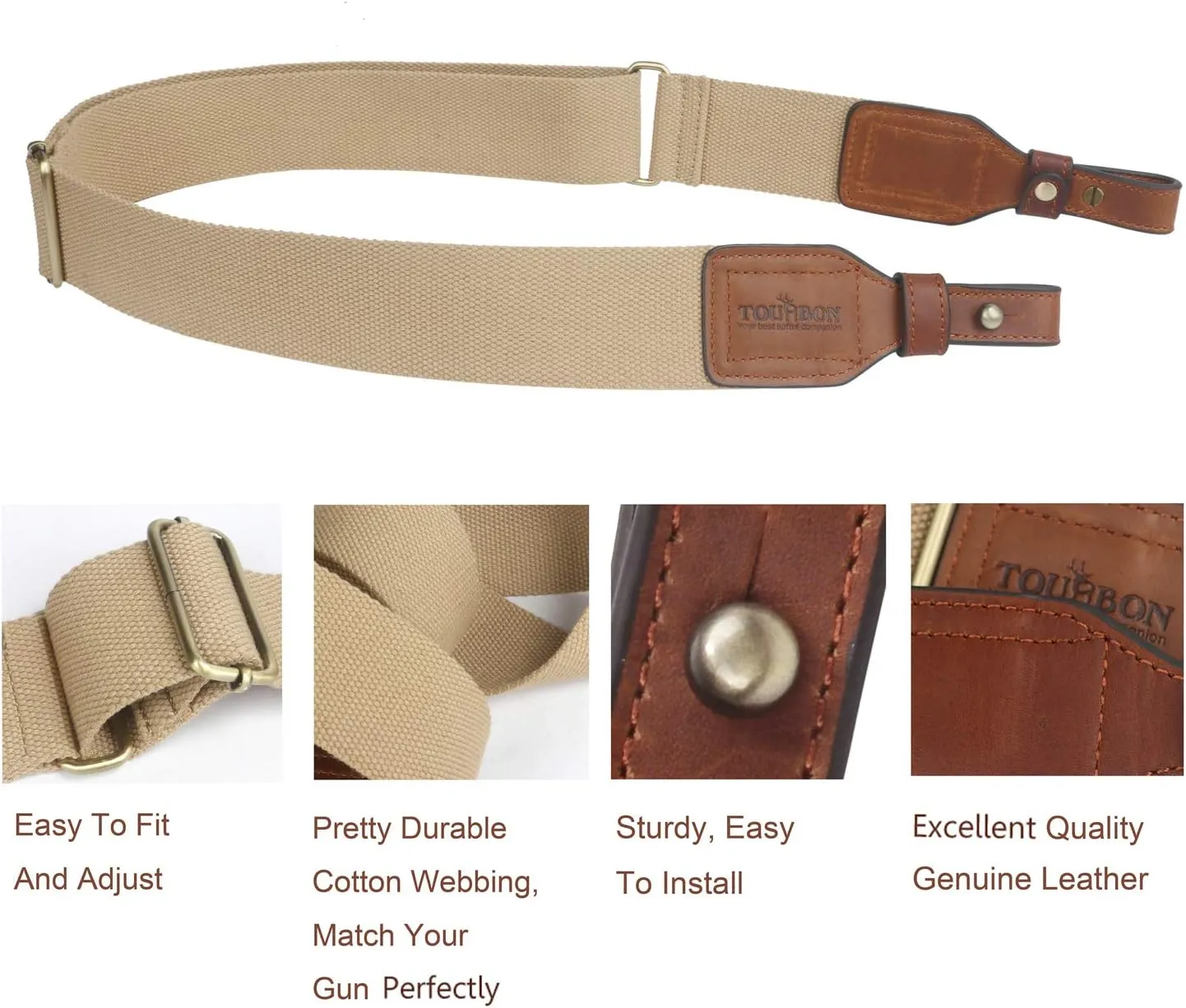 TOURBON 2-inch Cotton and Brown Leather Gun Sling Rifle Carry Strap