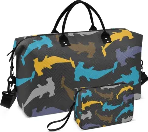 Travel Bag Set Hammerhead Shark Pattern Quilted Gym Duffel Bag Overnight Weekender Bags