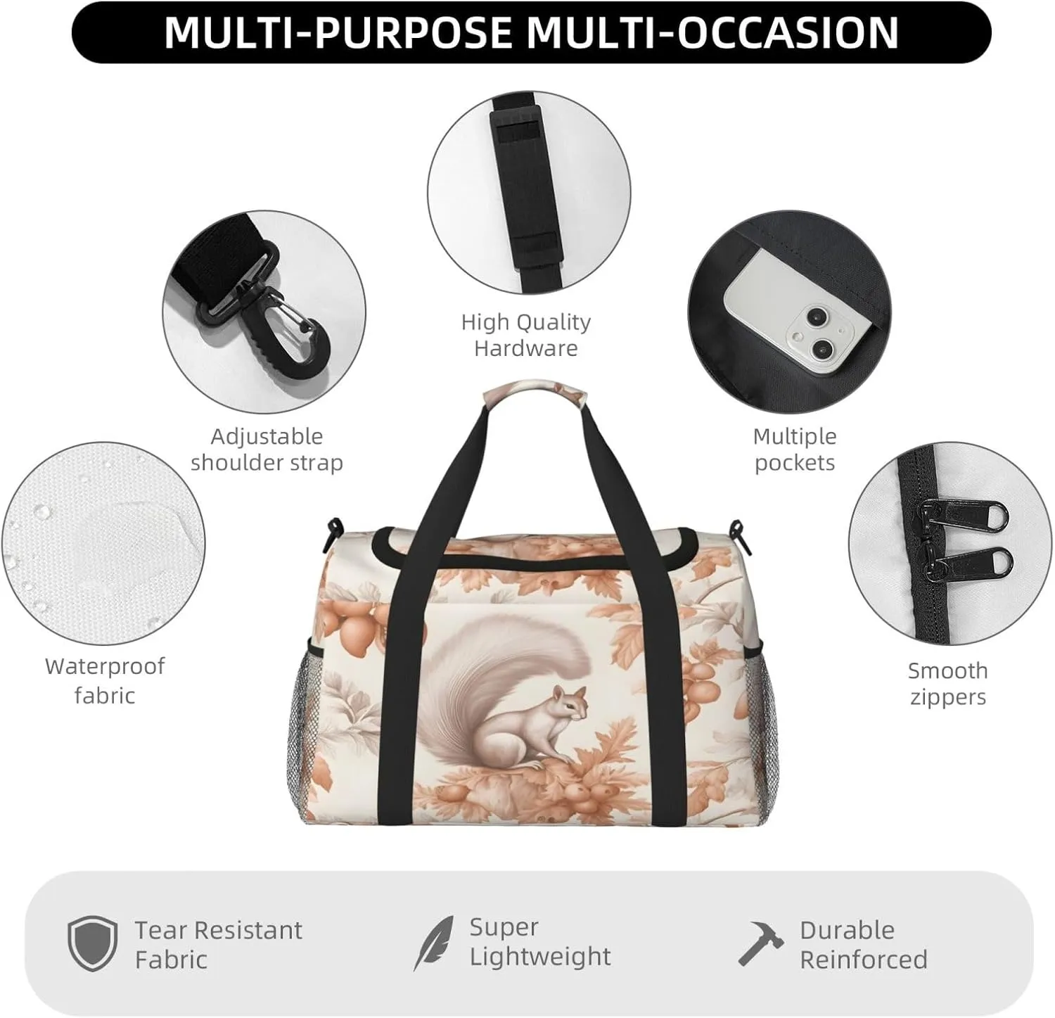Travel Duffel Bag For Men Women, Animal Squirrel Nut Berry Tree Carry On Sport Gym Bag With Shoulder Strap Lightweight Waterproof Weekender Bag Overnight Bag