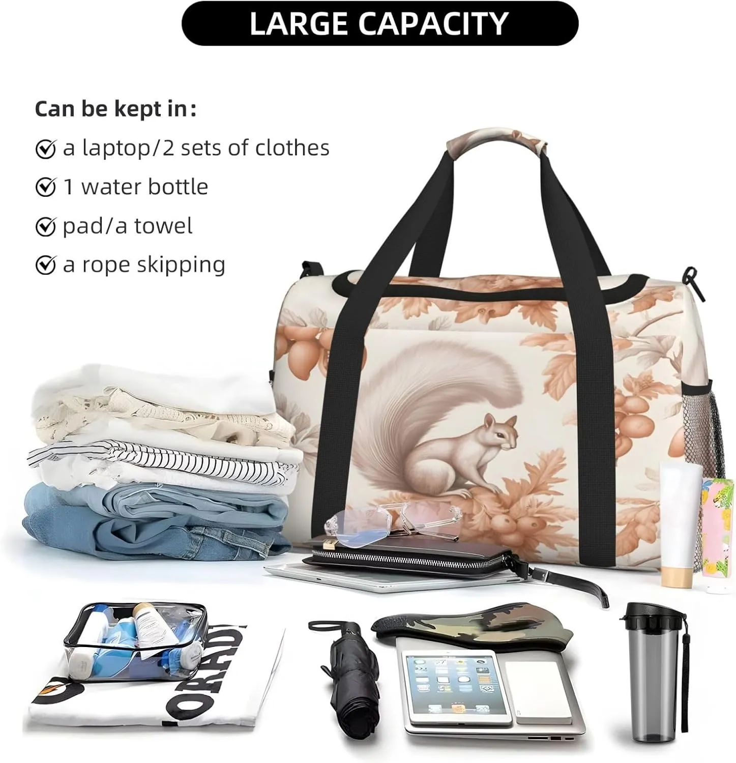 Travel Duffel Bag For Men Women, Animal Squirrel Nut Berry Tree Carry On Sport Gym Bag With Shoulder Strap Lightweight Waterproof Weekender Bag Overnight Bag