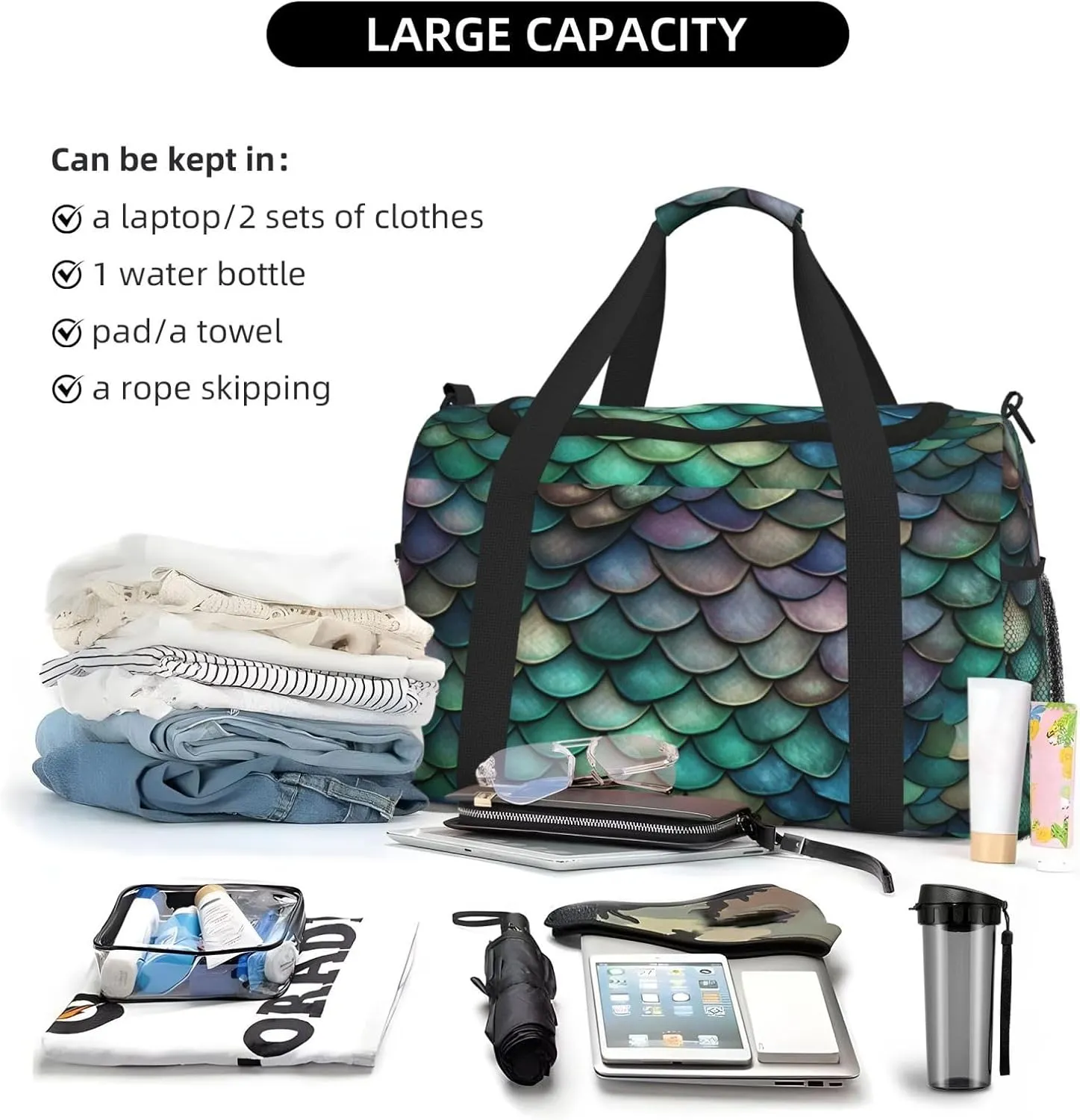 Travel Duffel Bag For Men Women, Colorful Dragon Scales Carry On Sport Gym Bag With Shoulder Strap Lightweight Waterproof Weekender Bag Overnight Bag