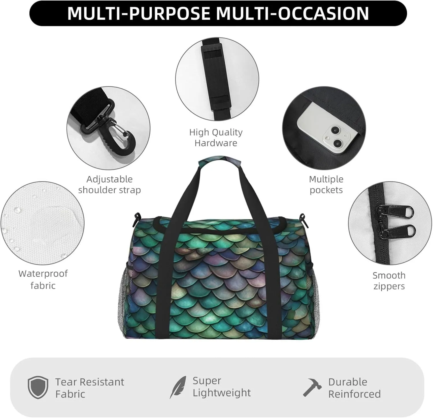 Travel Duffel Bag For Men Women, Colorful Dragon Scales Carry On Sport Gym Bag With Shoulder Strap Lightweight Waterproof Weekender Bag Overnight Bag