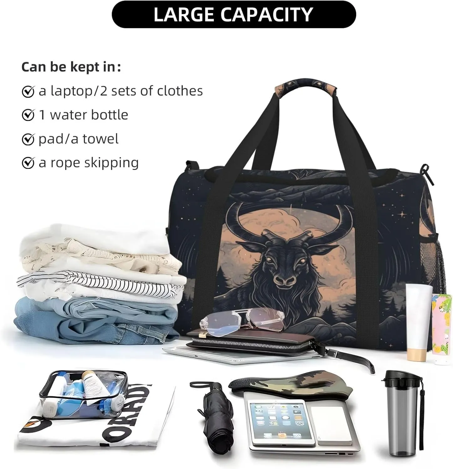 Travel Duffel Bag For Men Women, Cool Black Goat Moon Carry On Sport Gym Bag With Shoulder Strap Lightweight Waterproof Weekender Bag Overnight Bag