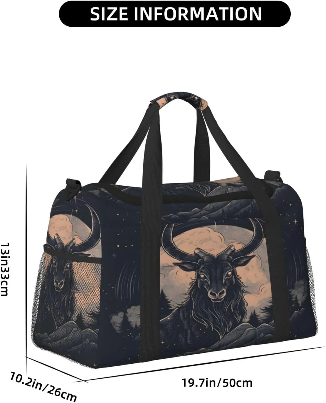 Travel Duffel Bag For Men Women, Cool Black Goat Moon Carry On Sport Gym Bag With Shoulder Strap Lightweight Waterproof Weekender Bag Overnight Bag
