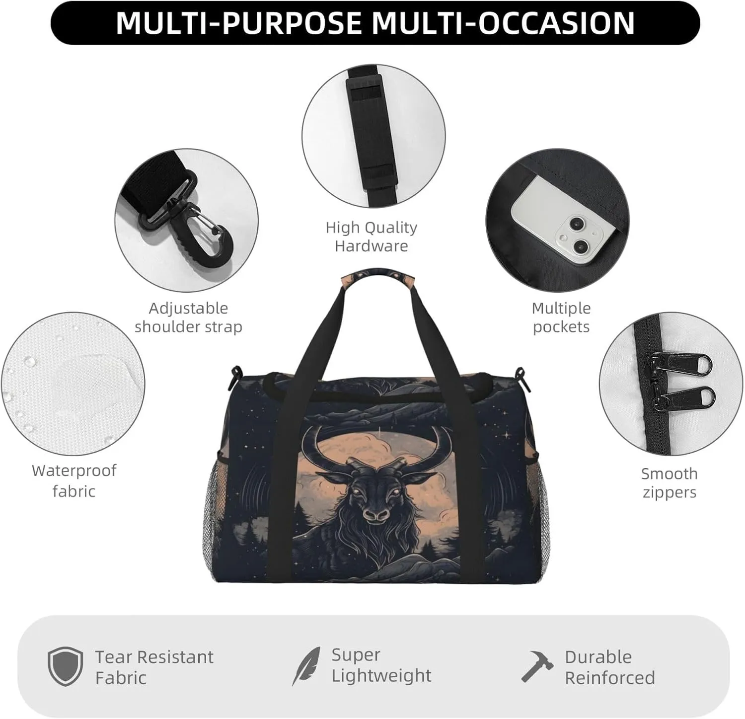 Travel Duffel Bag For Men Women, Cool Black Goat Moon Carry On Sport Gym Bag With Shoulder Strap Lightweight Waterproof Weekender Bag Overnight Bag