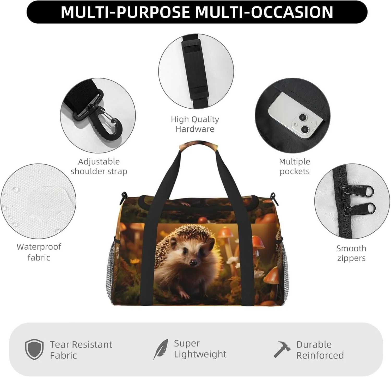 Travel Duffel Bag For Men Women, Forest Hedgehog Mushrooms Carry On Sport Gym Bag With Shoulder Strap Lightweight Waterproof Weekender Bag Overnight Bag