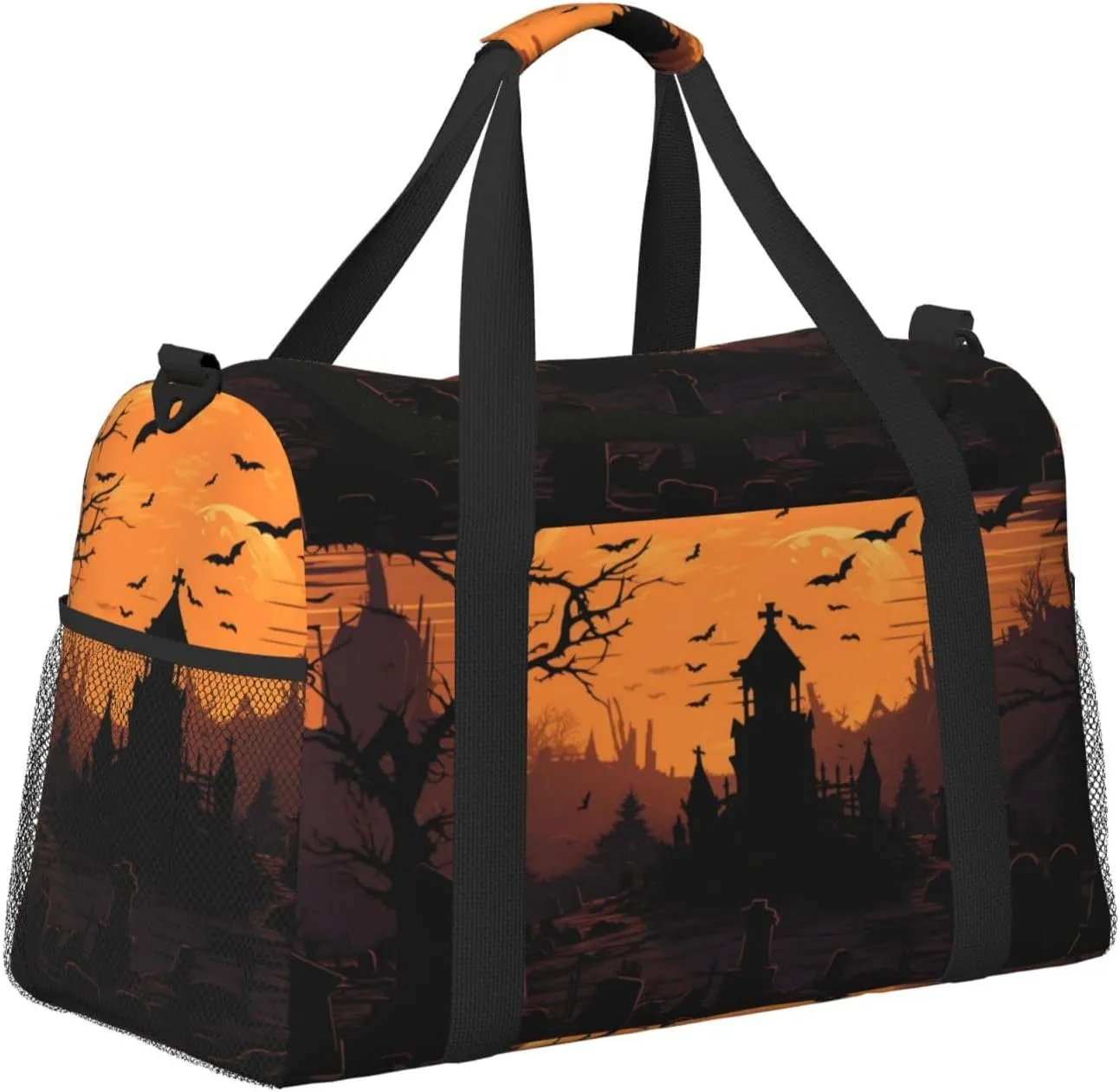 Travel Duffel Bag For Men Women, Halloween Cemetery Graveyard Bats Moon Carry On Sport Gym Bag With Shoulder Strap Lightweight Waterproof Weekender Bag Overnight Bag