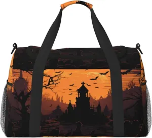 Travel Duffel Bag For Men Women, Halloween Cemetery Graveyard Bats Moon Carry On Sport Gym Bag With Shoulder Strap Lightweight Waterproof Weekender Bag Overnight Bag