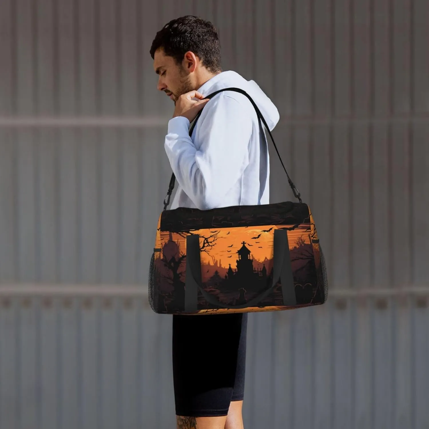 Travel Duffel Bag For Men Women, Halloween Cemetery Graveyard Bats Moon Carry On Sport Gym Bag With Shoulder Strap Lightweight Waterproof Weekender Bag Overnight Bag