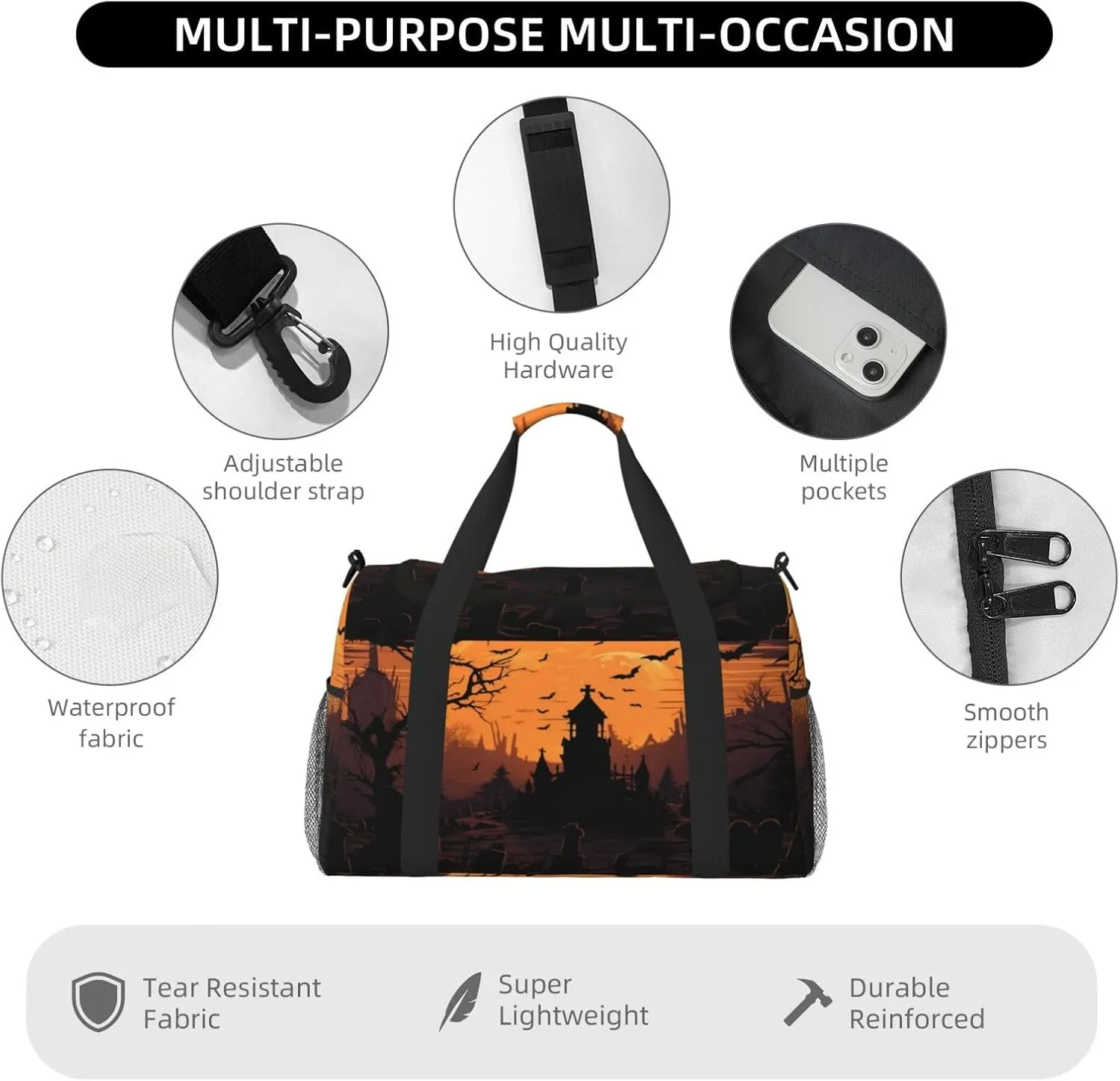 Travel Duffel Bag For Men Women, Halloween Cemetery Graveyard Bats Moon Carry On Sport Gym Bag With Shoulder Strap Lightweight Waterproof Weekender Bag Overnight Bag