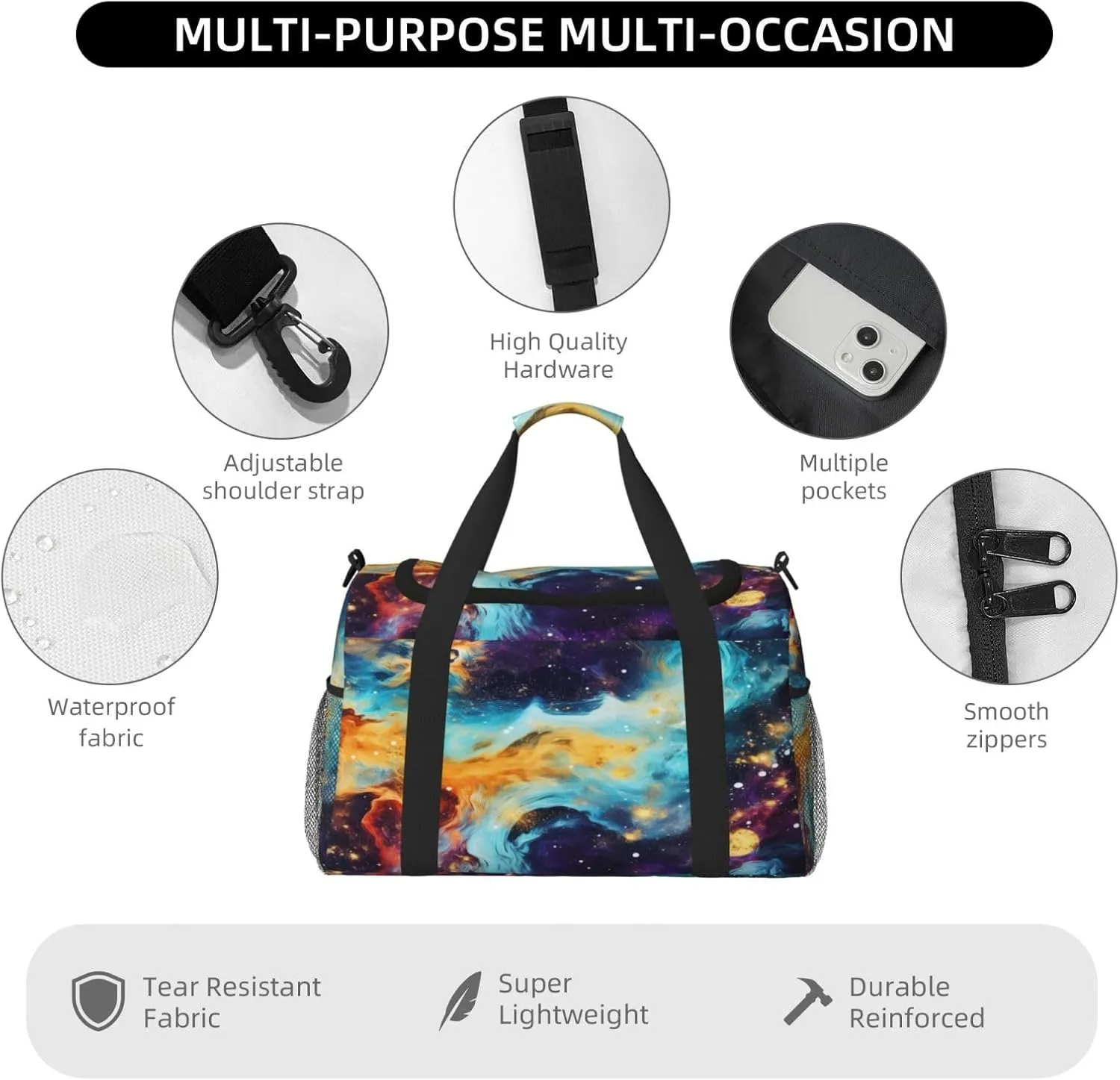 Travel Duffel Bag For Men Women, Nebula Art Painting Glitter Galaxy Universe Carry On Sport Gym Bag With Shoulder Strap Lightweight Waterproof Weekender Bag Overnight Bag