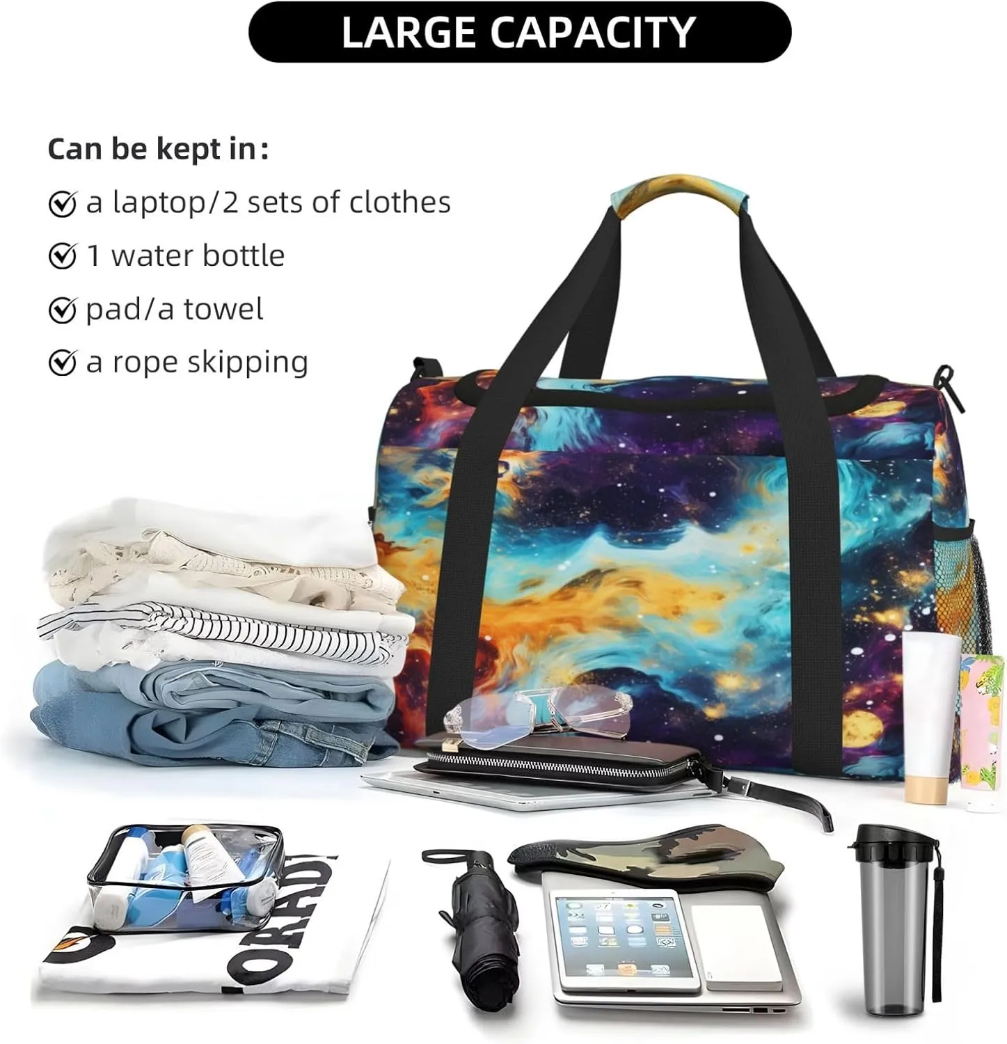 Travel Duffel Bag For Men Women, Nebula Art Painting Glitter Galaxy Universe Carry On Sport Gym Bag With Shoulder Strap Lightweight Waterproof Weekender Bag Overnight Bag