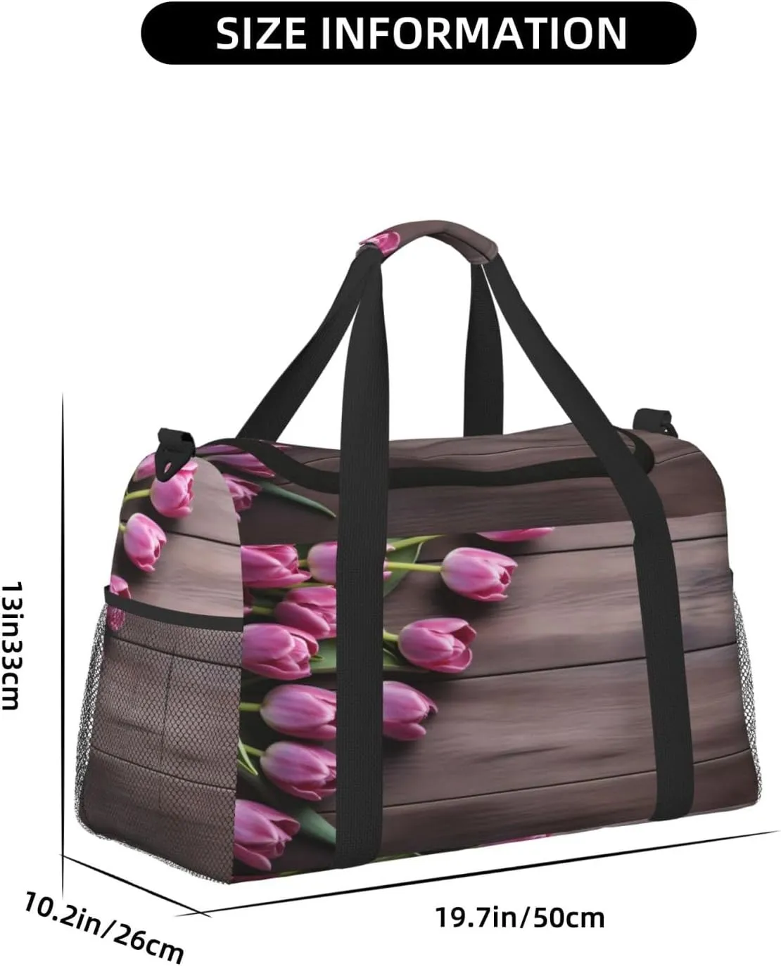 Travel Duffel Bag For Men Women, Purple Tulips Wooden Board Carry On Sport Gym Bag With Shoulder Strap Lightweight Waterproof Weekender Bag Overnight Bag