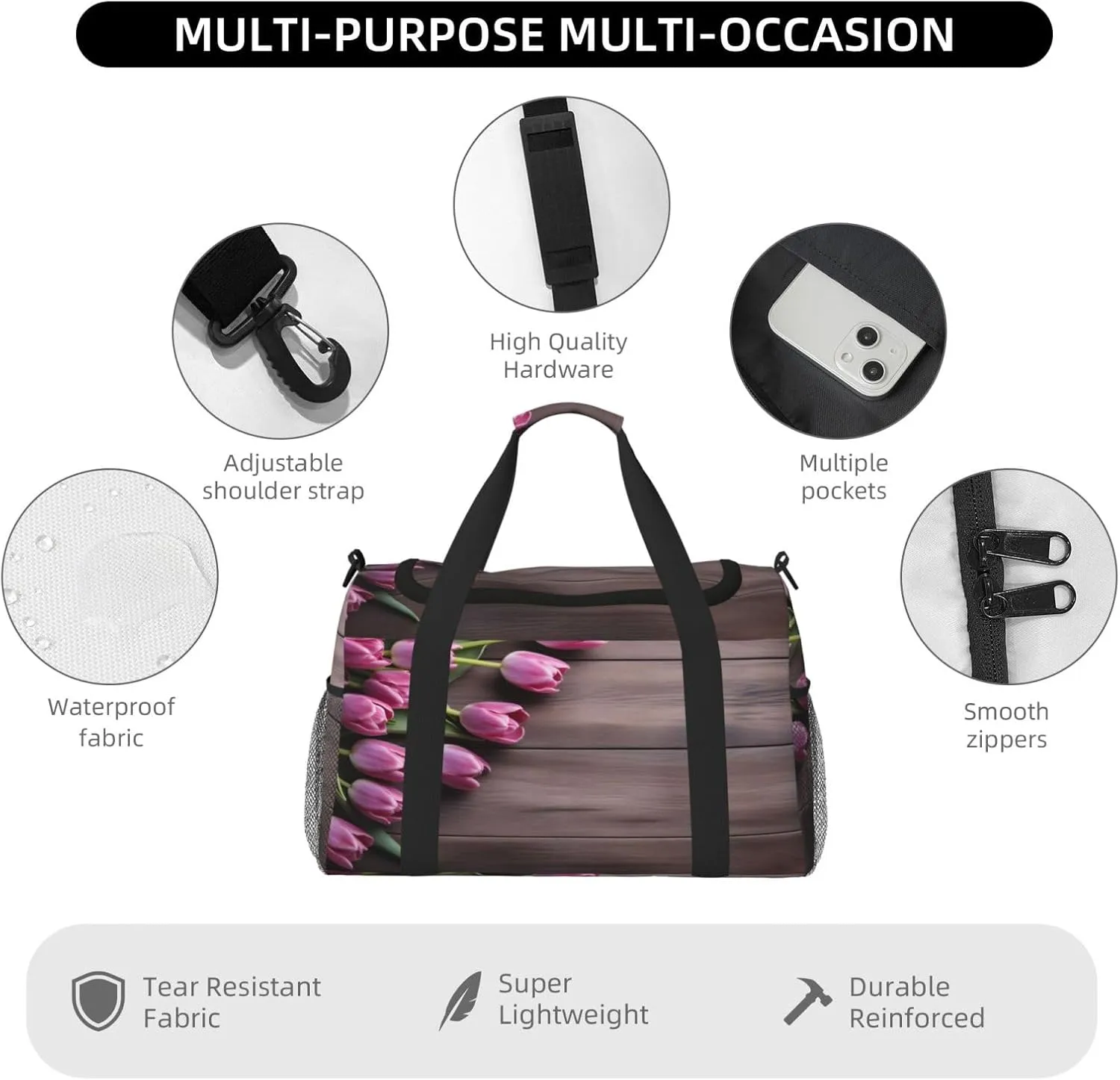Travel Duffel Bag For Men Women, Purple Tulips Wooden Board Carry On Sport Gym Bag With Shoulder Strap Lightweight Waterproof Weekender Bag Overnight Bag