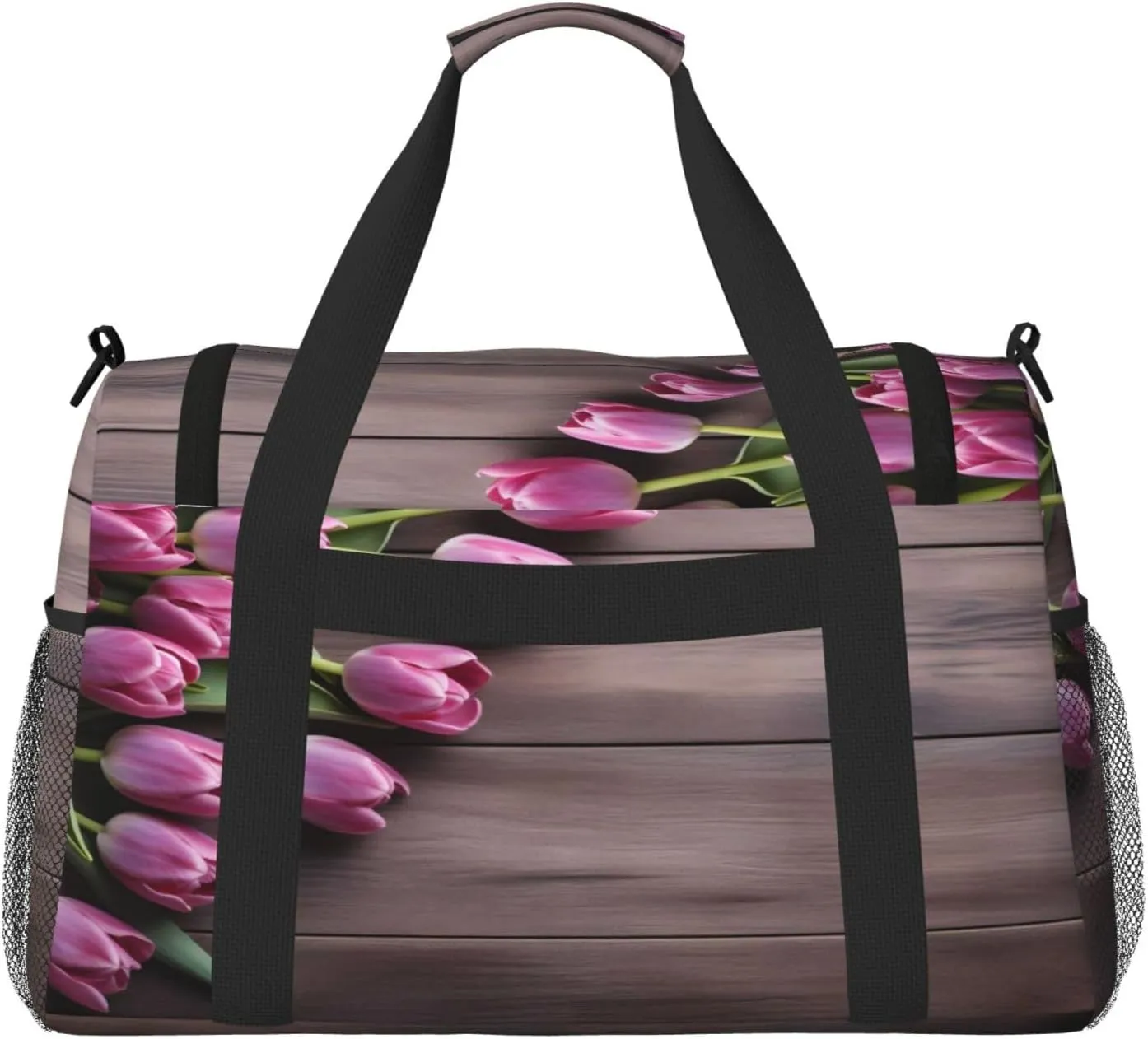 Travel Duffel Bag For Men Women, Purple Tulips Wooden Board Carry On Sport Gym Bag With Shoulder Strap Lightweight Waterproof Weekender Bag Overnight Bag