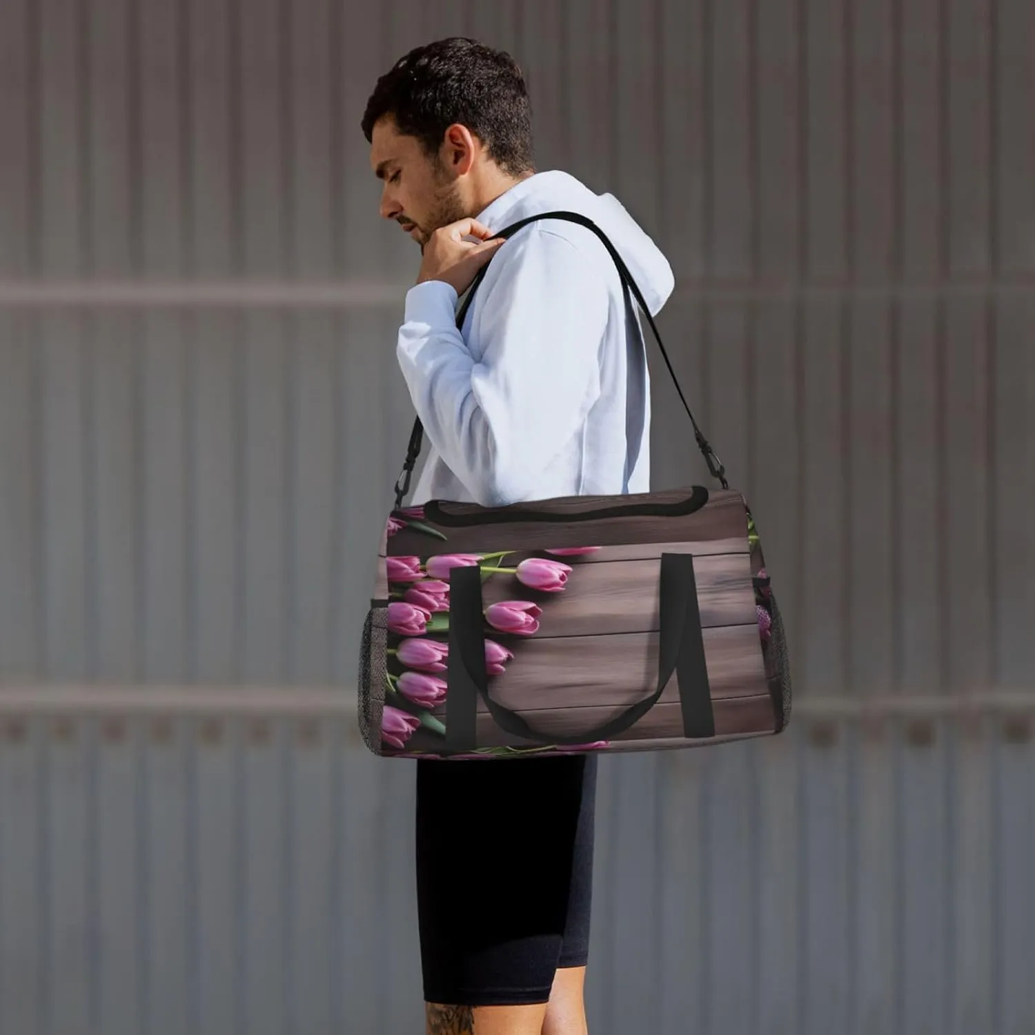 Travel Duffel Bag For Men Women, Purple Tulips Wooden Board Carry On Sport Gym Bag With Shoulder Strap Lightweight Waterproof Weekender Bag Overnight Bag