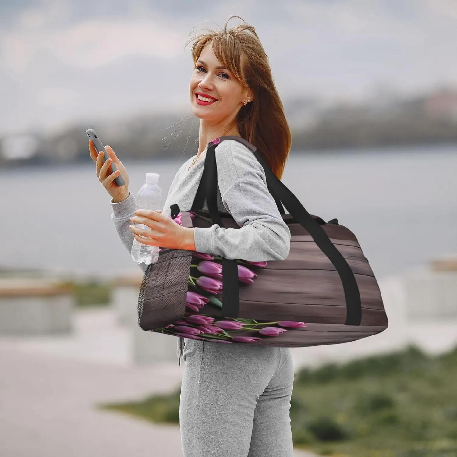 Travel Duffel Bag For Men Women, Purple Tulips Wooden Board Carry On Sport Gym Bag With Shoulder Strap Lightweight Waterproof Weekender Bag Overnight Bag