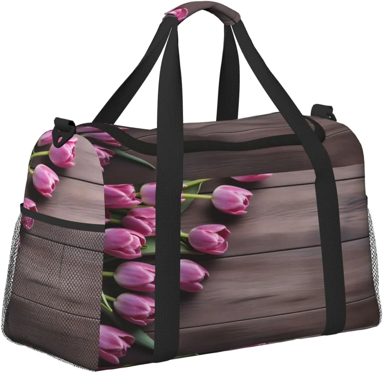 Travel Duffel Bag For Men Women, Purple Tulips Wooden Board Carry On Sport Gym Bag With Shoulder Strap Lightweight Waterproof Weekender Bag Overnight Bag