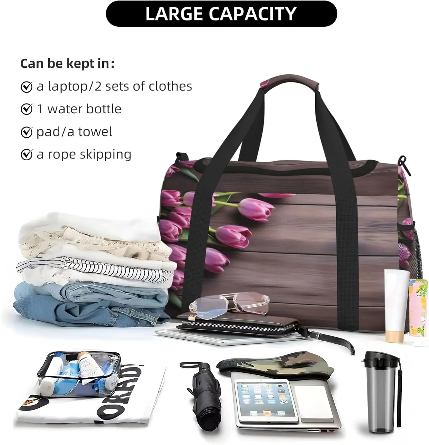 Travel Duffel Bag For Men Women, Purple Tulips Wooden Board Carry On Sport Gym Bag With Shoulder Strap Lightweight Waterproof Weekender Bag Overnight Bag